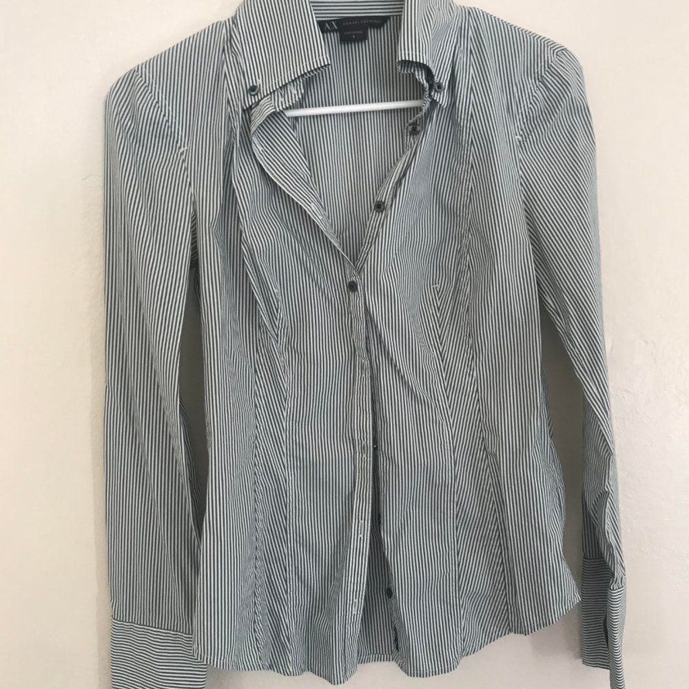 Armani Exchange White and Blue Striped Button Down